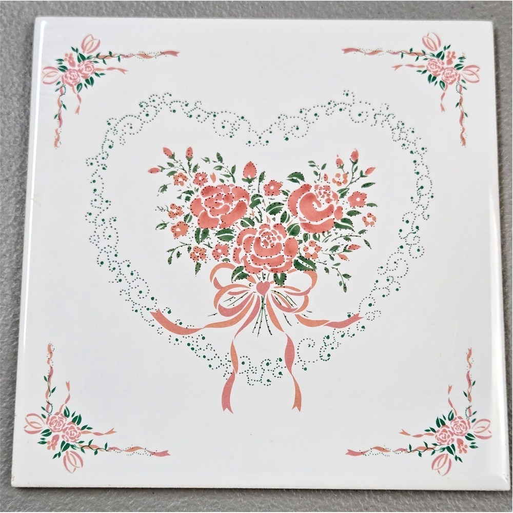 Orient Vintage 6x6 Ceramic Tile Pink Rose Heart Floral Cottagecore Decor